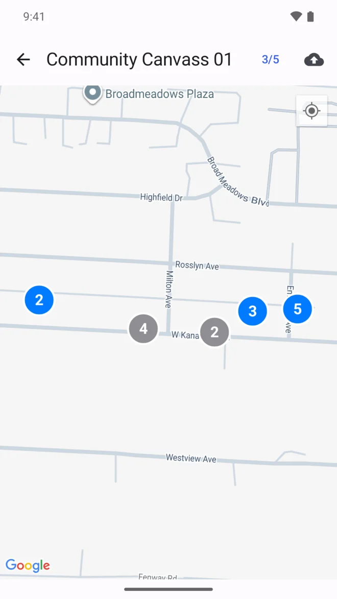 The canvassing map in Hubble Mobile on Android