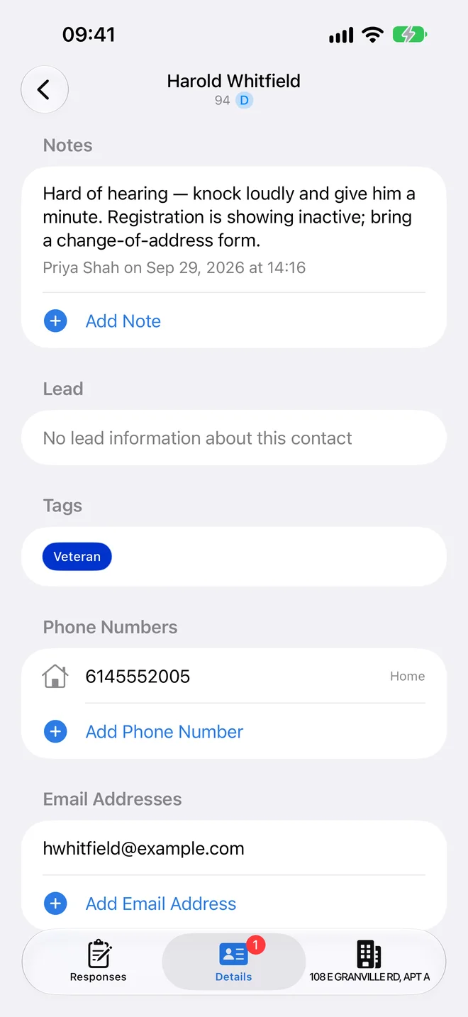A contact's details in Hubble Mobile