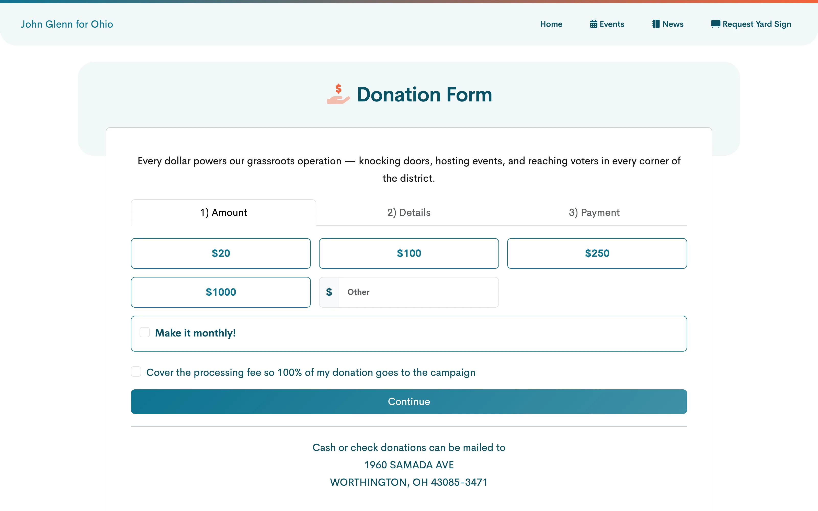 A campaign donation form on a Hubble website