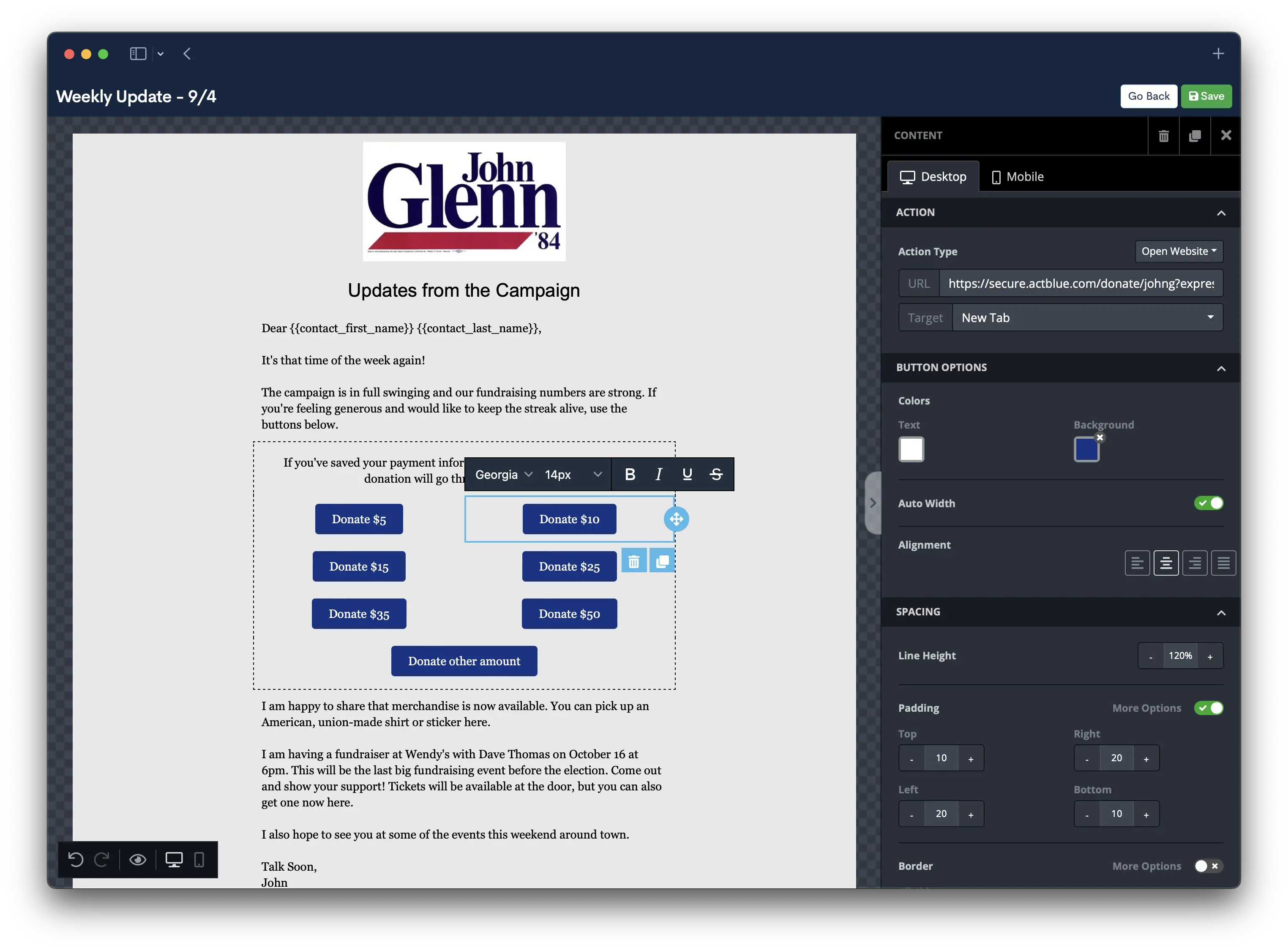Email designer interface