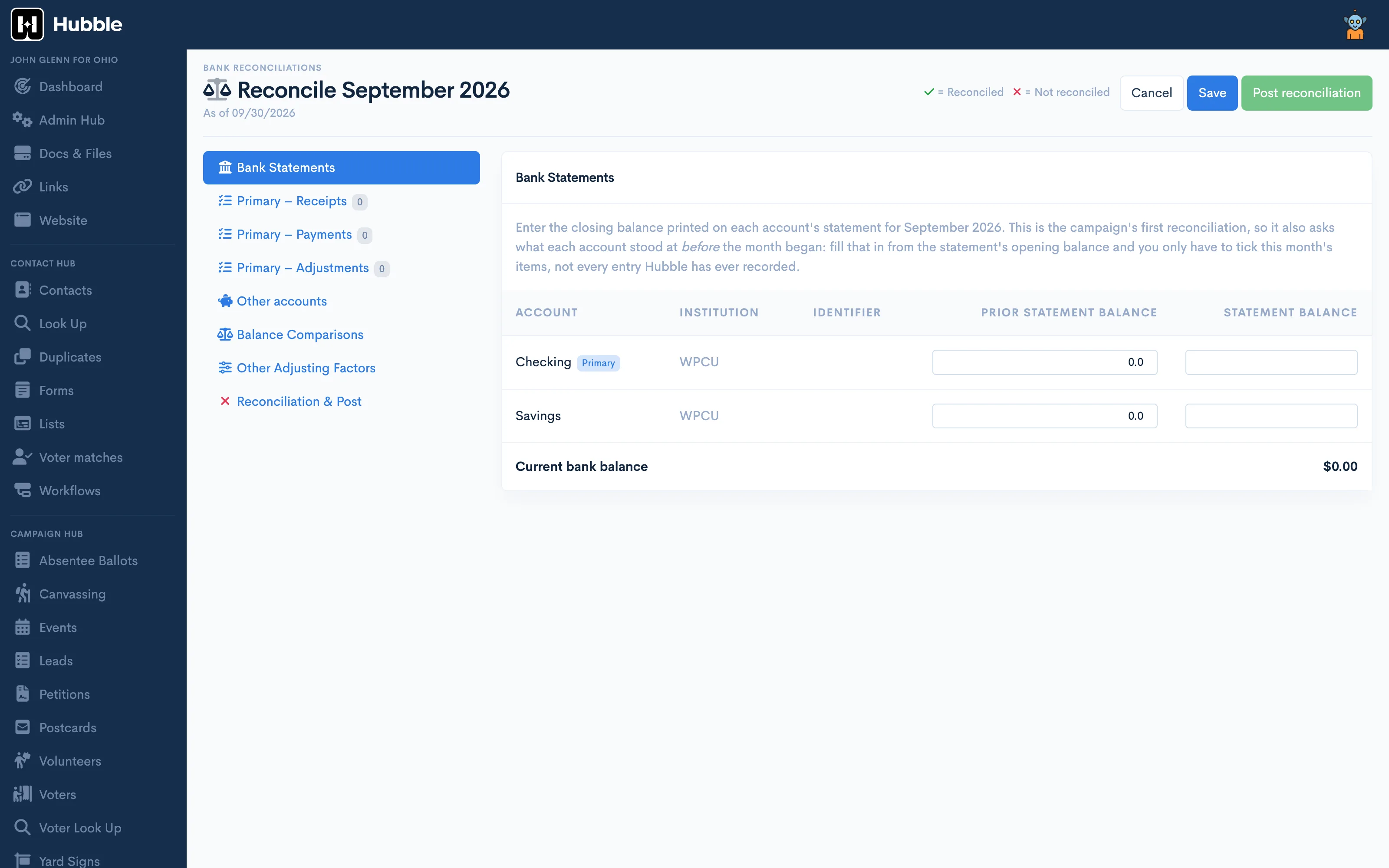 Reconciling a month of bank statements in Hubble