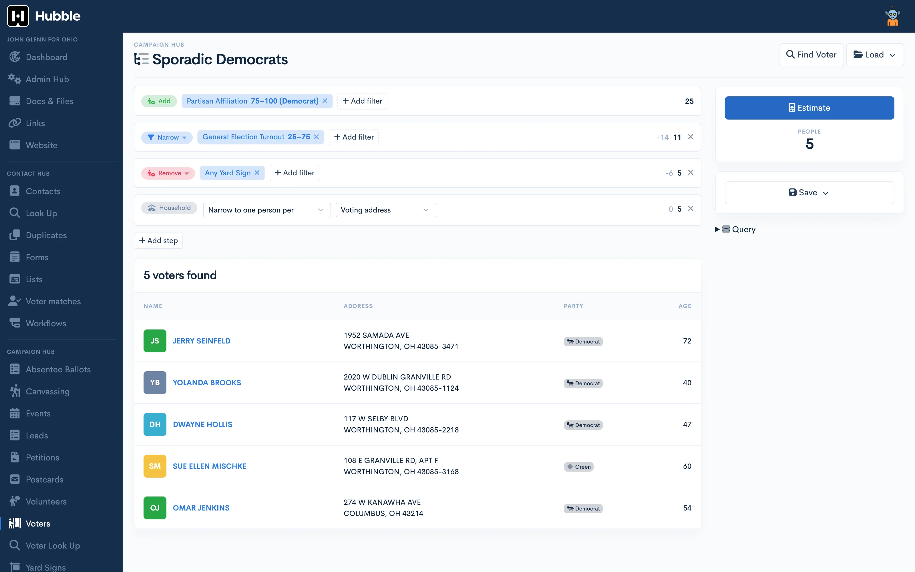 A voter search built in steps, with partisan and turnout scores and householding